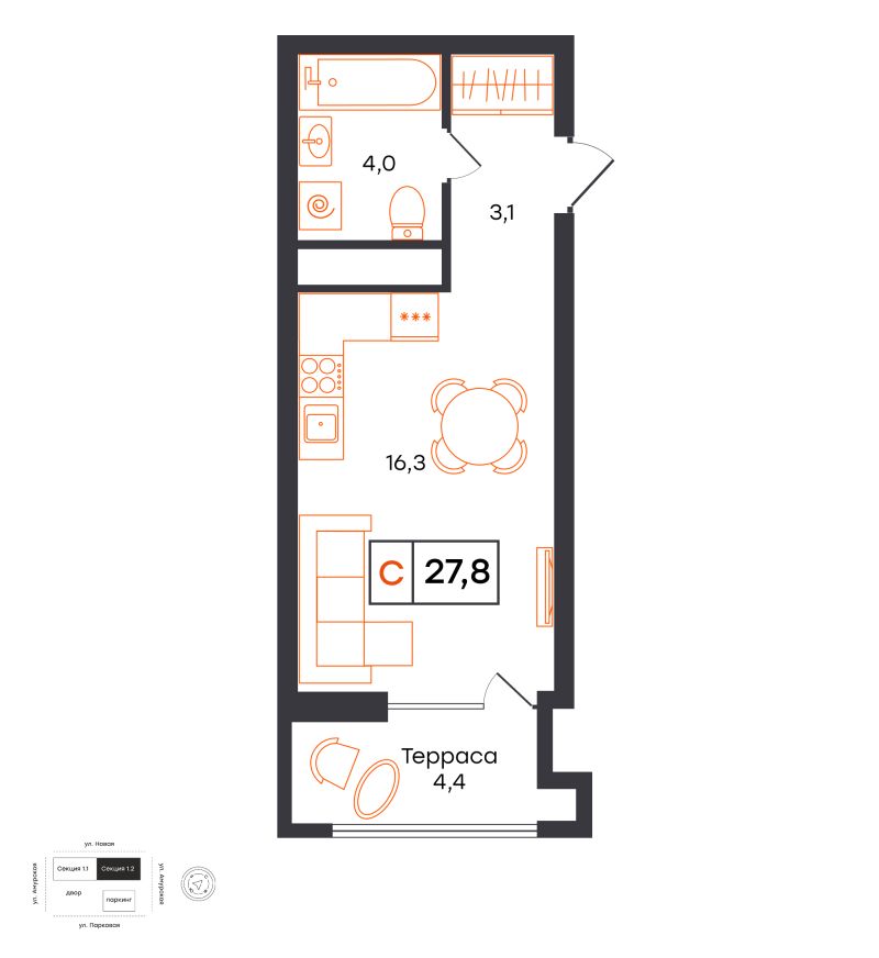 Планировка Студия, 27.8 м² — ЖК «УНО. Умный квартал»
