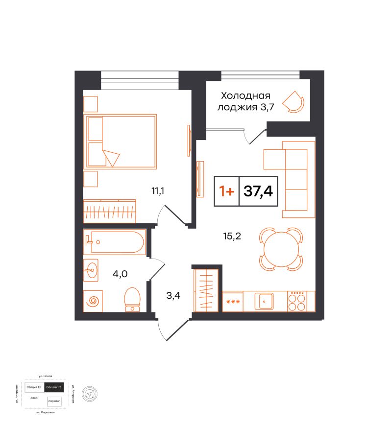 Планировка 1-комн. квартира, 37.4 м² — ЖК «УНО. Умный квартал»