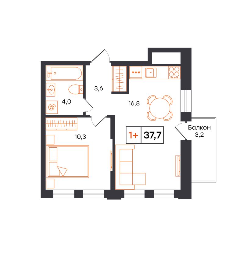 Планировка 1-комн. квартира, 37.7 м² — ЖК «УНО. Умный квартал»