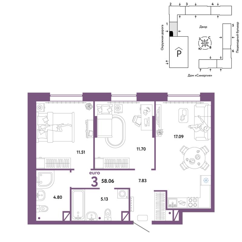 Планировка 3-комн. квартира, 58.1 м² — ЖК «Юнион»