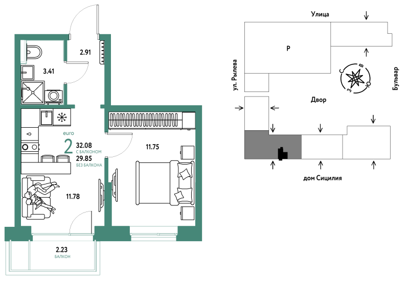 Планировка 2-комн. квартира, 32.1 м² — ЖК «Остров-сад»