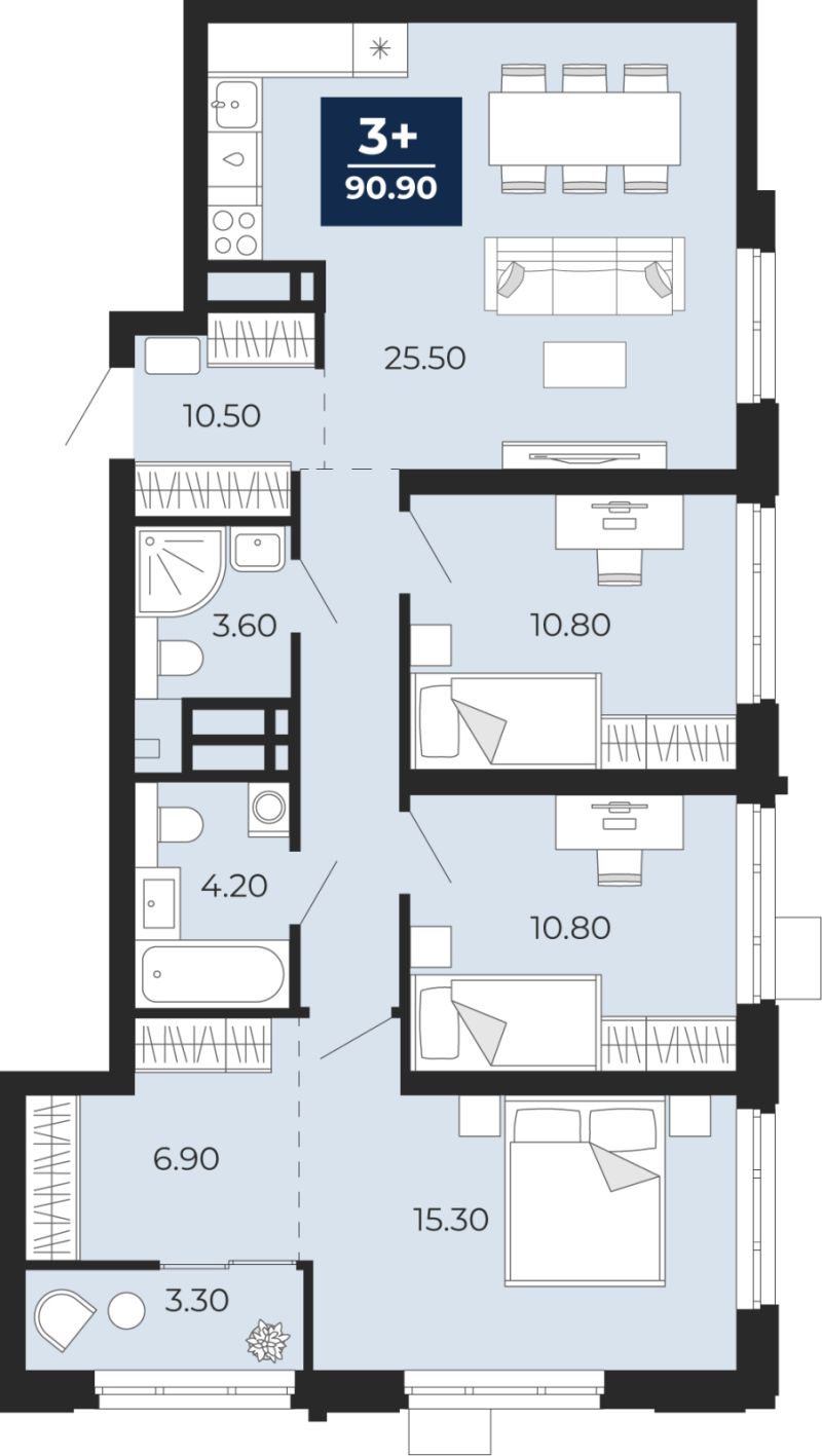 Планировка 3-комн. квартира, 90.9 м² — ЖК «Айвазовский»