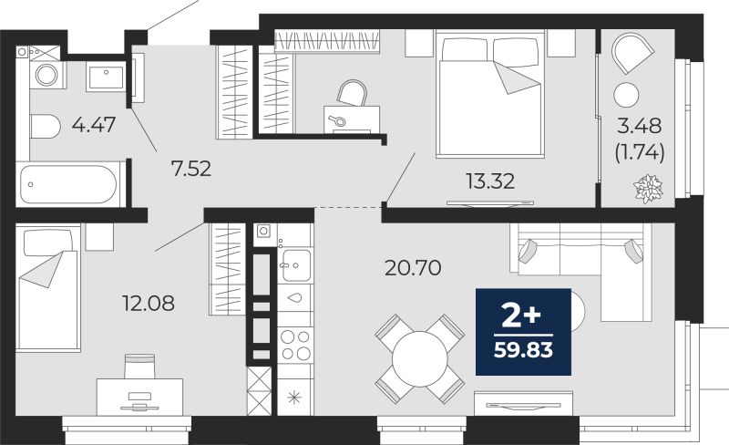 Планировка 2-комн. квартира, 59.8 м² — ЖК «Прео»