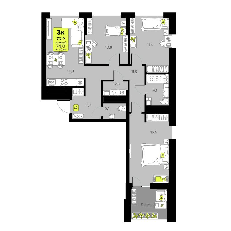 Планировка 3-комн. квартира, 79.9 м² — ЖК «Мотивы»