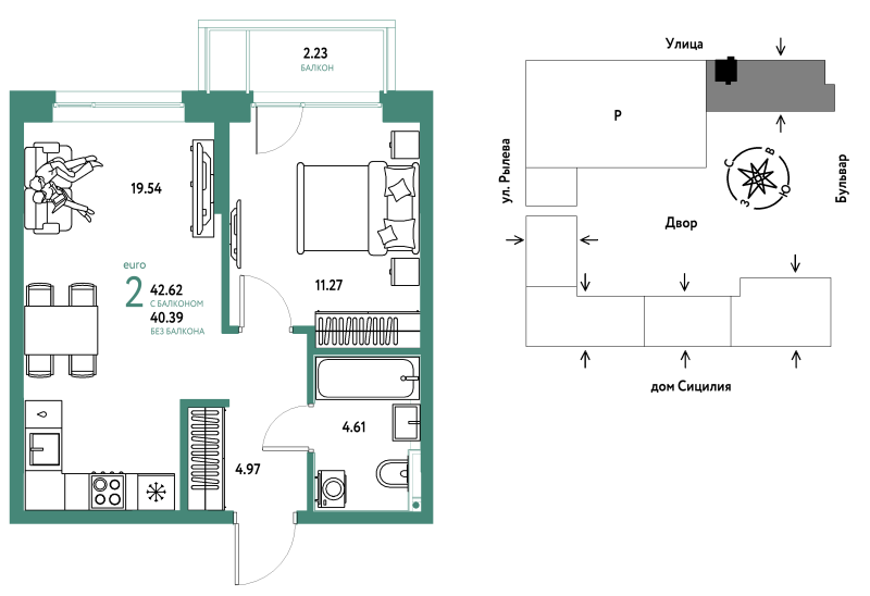 Планировка 2-комн. квартира, 42.6 м² — ЖК «Остров-сад»