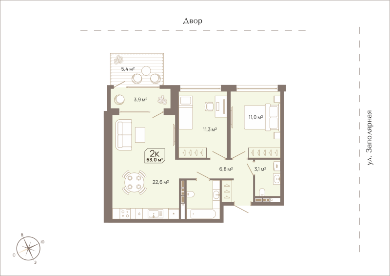 Планировка 2-комн. квартира, 63 м² — ЖК «Август»