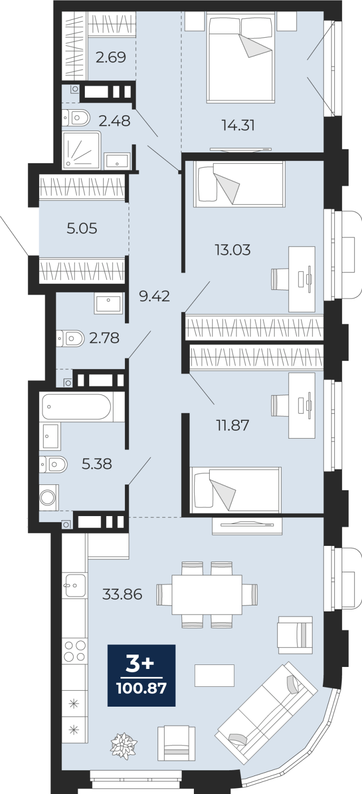 Планировка 3-комн. квартира, 100.9 м² — ЖК «Айвазовский»