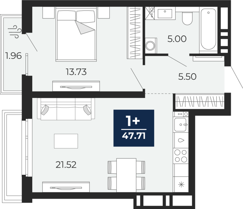 Планировка 1-комн. квартира, 47.7 м² — ЖК «Прео»