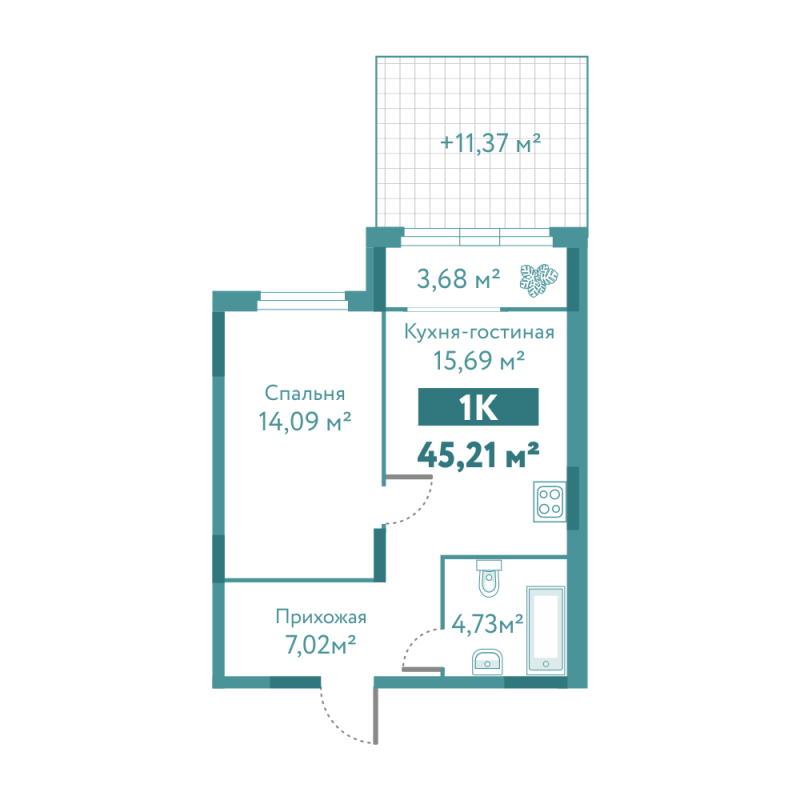 Планировка 1-комн. квартира, 45.2 м² — ЖК «Акватория»