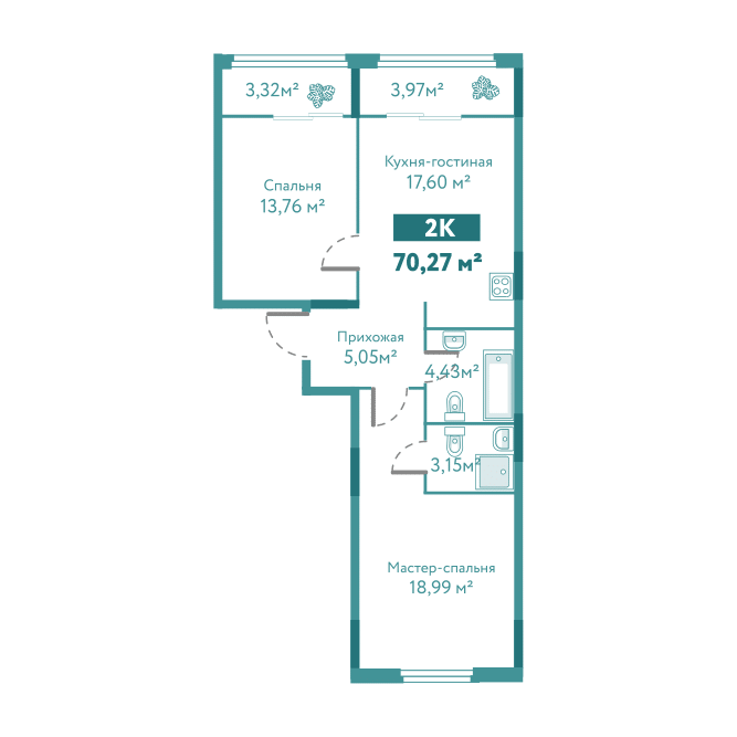 Планировка 2-комн. квартира, 70.3 м² — ЖК «Акватория»