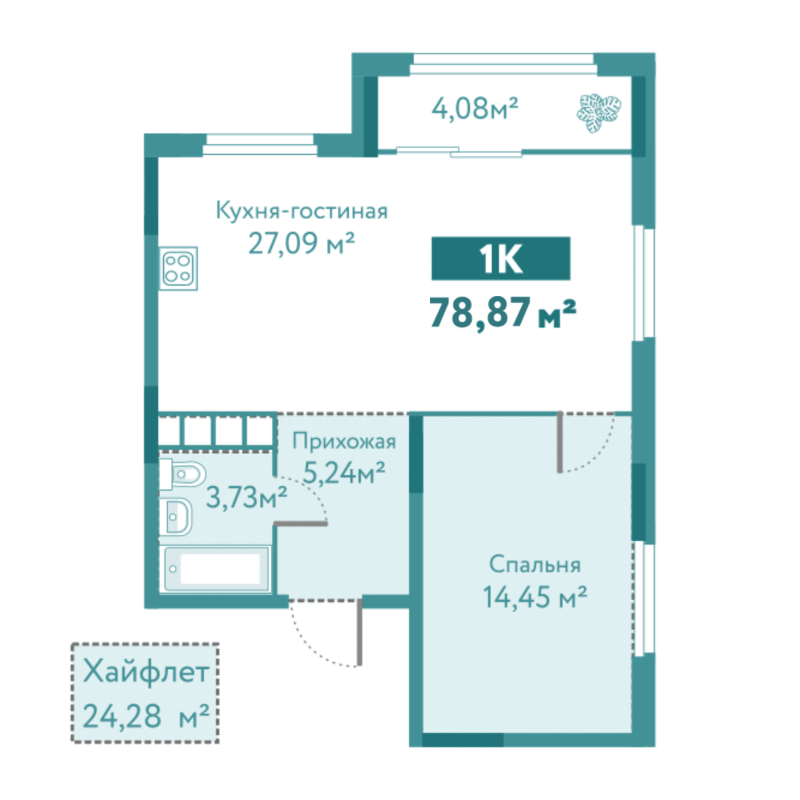 Планировка 1-комн. квартира, 78.9 м² — ЖК «Акватория»