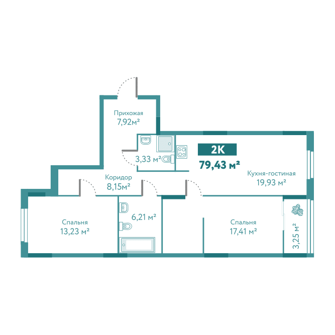 Планировка 2-комн. квартира, 79.4 м² — ЖК «Акватория»