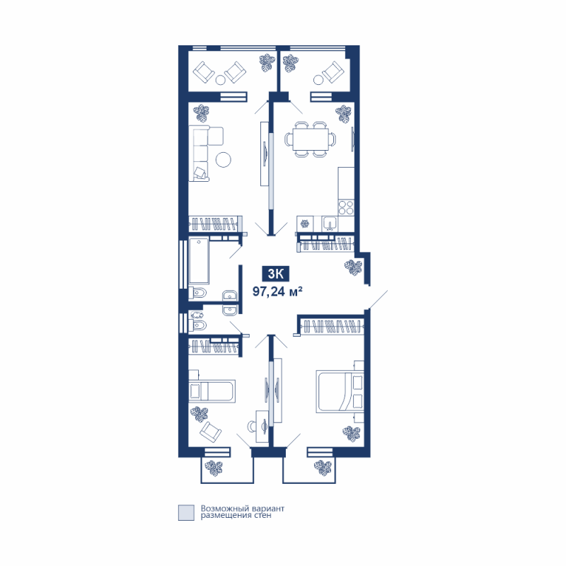 Планировка 3-комн. квартира, 97.2 м² — ЖК «Акватория»