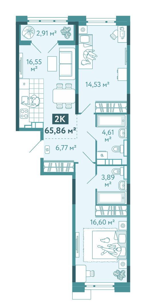 Планировка 2-комн. квартира, 65.9 м² — ЖК «Акватория»