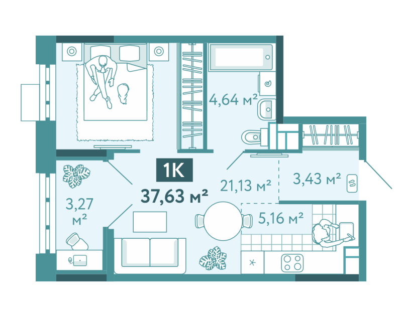 Планировка 1-комн. квартира, 37.6 м² — ЖК «Акватория»