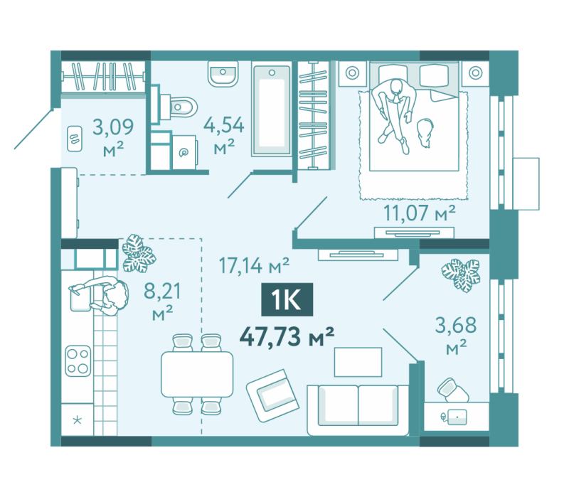 Планировка 1-комн. квартира, 47.7 м² — ЖК «Акватория»