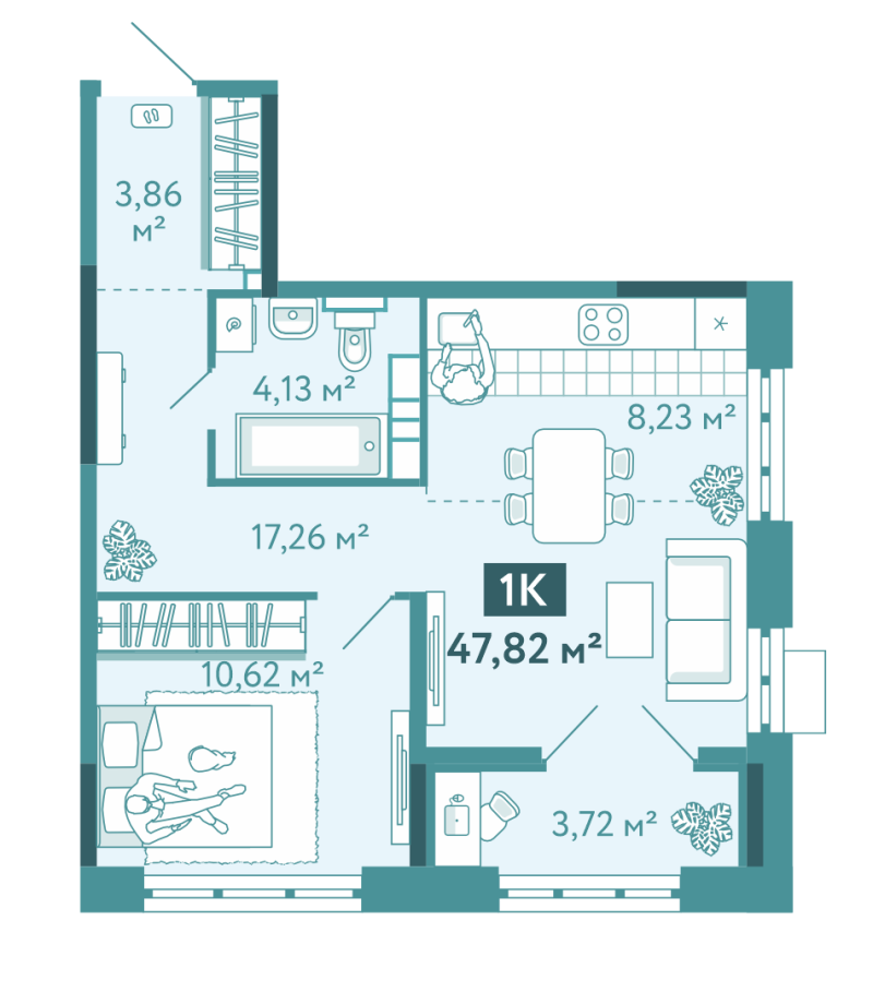 Планировка 1-комн. квартира, 47.8 м² — ЖК «Акватория»