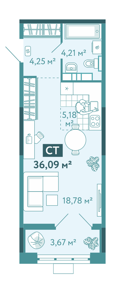 Планировка Студия, 36.1 м² — ЖК «Акватория»