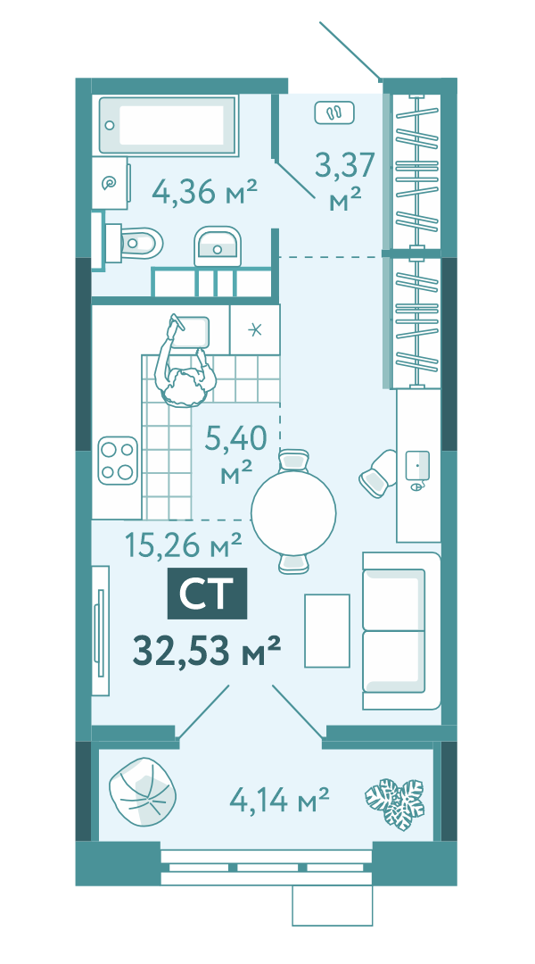 Планировка Студия, 32.5 м² — ЖК «Акватория»