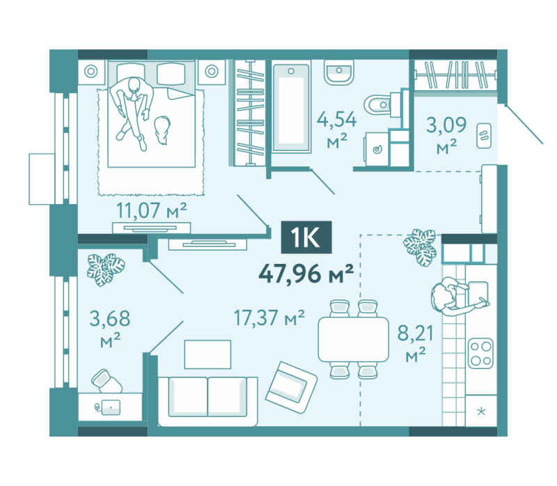 Планировка 1-комн. квартира, 48 м² — ЖК «Акватория»