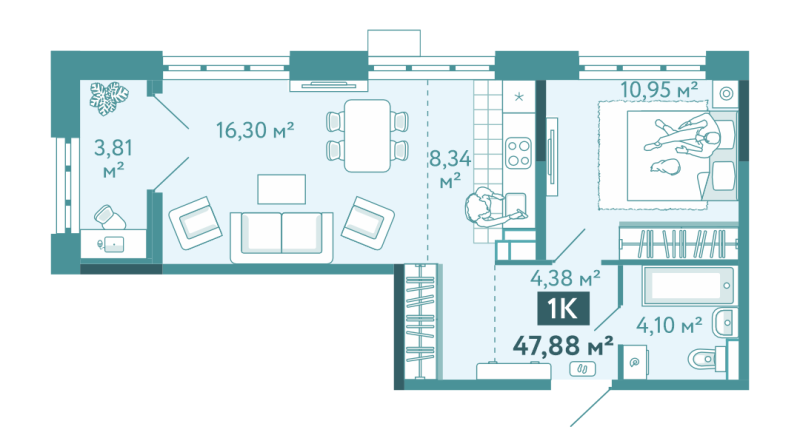 Планировка 1-комн. квартира, 47.9 м² — ЖК «Акватория»
