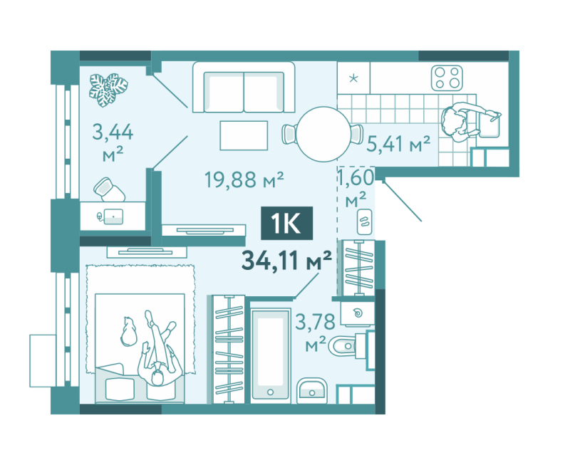 Планировка 1-комн. квартира, 34.1 м² — ЖК «Акватория»