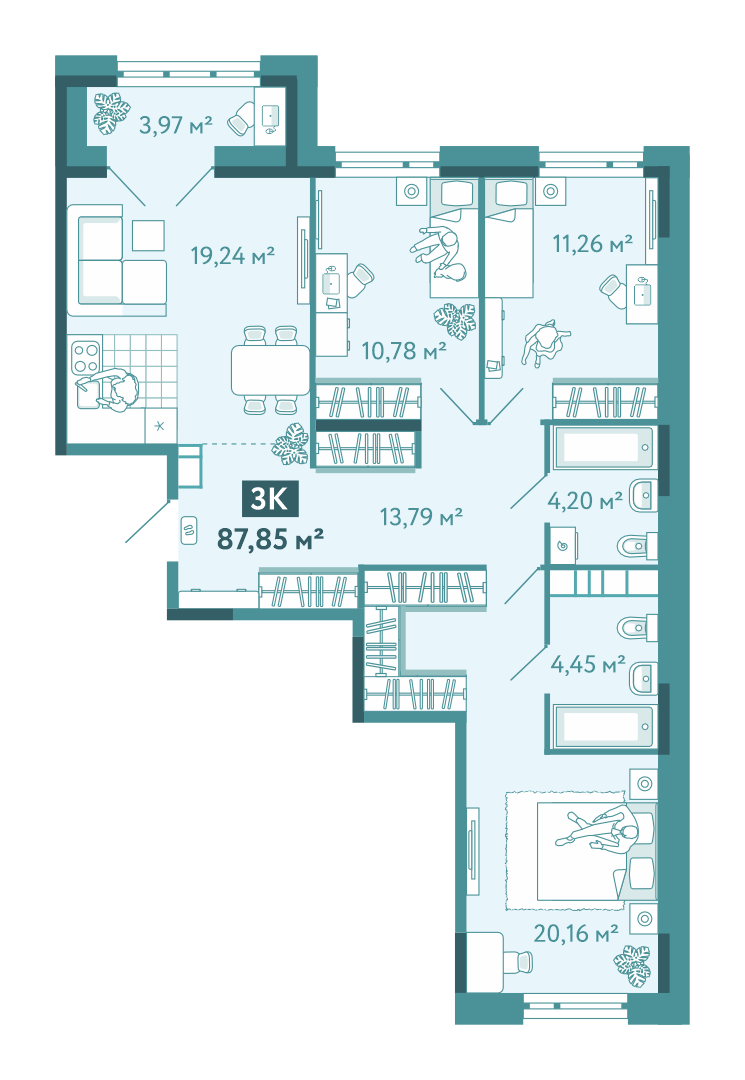 Планировка 3-комн. квартира, 87.8 м² — ЖК «Акватория»