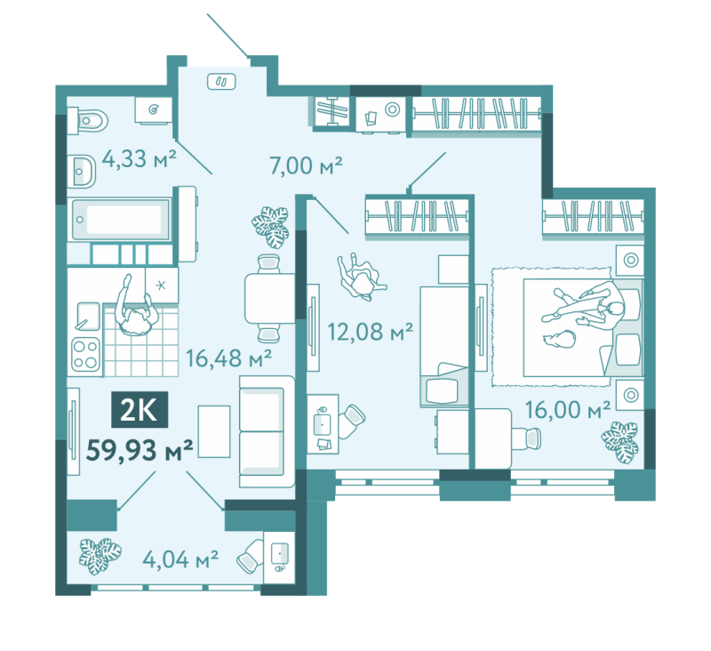 Планировка 2-комн. квартира, 59.9 м² — ЖК «Акватория»