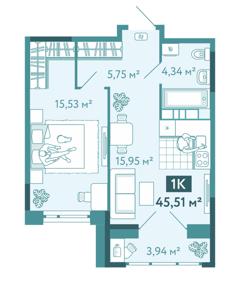 Планировка 1-комн. квартира, 45.5 м² — ЖК «Акватория»