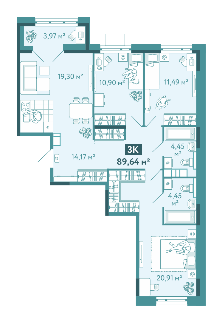 Планировка 3-комн. квартира, 89.6 м² — ЖК «Акватория»