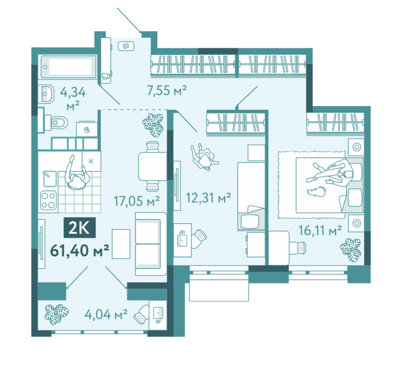 Планировка 2-комн. квартира, 61.4 м² — ЖК «Акватория»