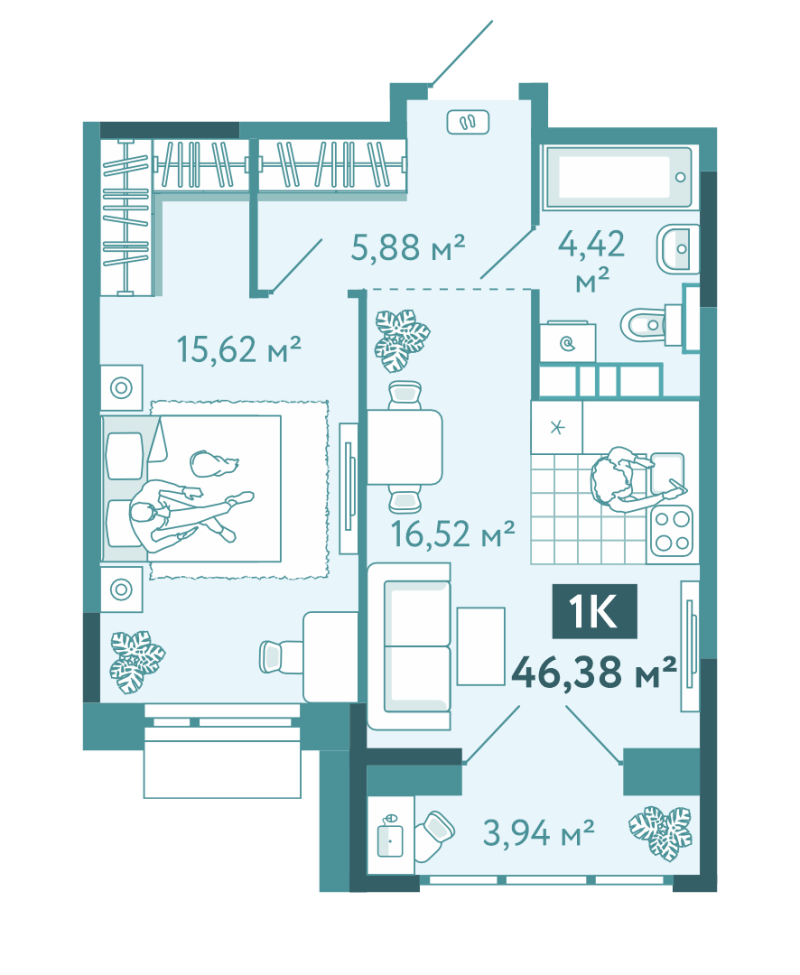 Планировка 1-комн. квартира, 46.4 м² — ЖК «Акватория»