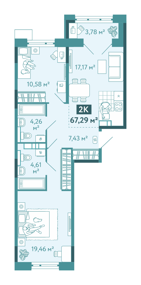 Планировка 2-комн. квартира, 67.3 м² — ЖК «Акватория»