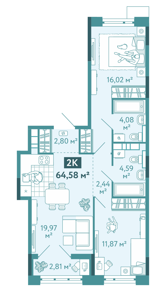Планировка 2-комн. квартира, 64.6 м² — ЖК «Акватория»