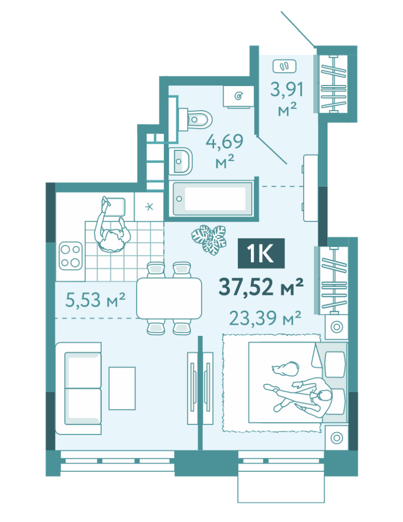 Планировка 1-комн. квартира, 37.5 м² — ЖК «Акватория»