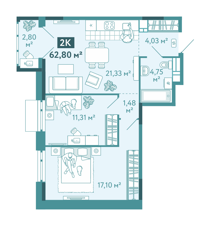 Планировка 2-комн. квартира, 62.8 м² — ЖК «Акватория»