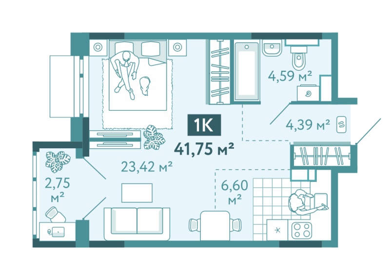 Планировка 1-комн. квартира, 41.8 м² — ЖК «Акватория»