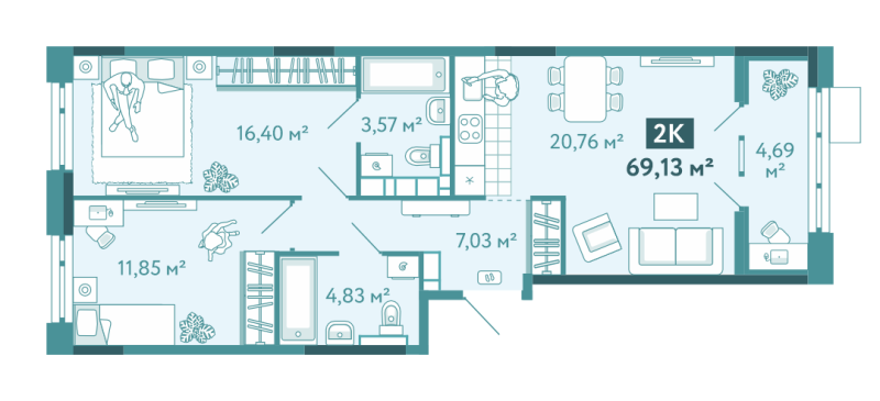 Планировка 2-комн. квартира, 69.1 м² — ЖК «Акватория»
