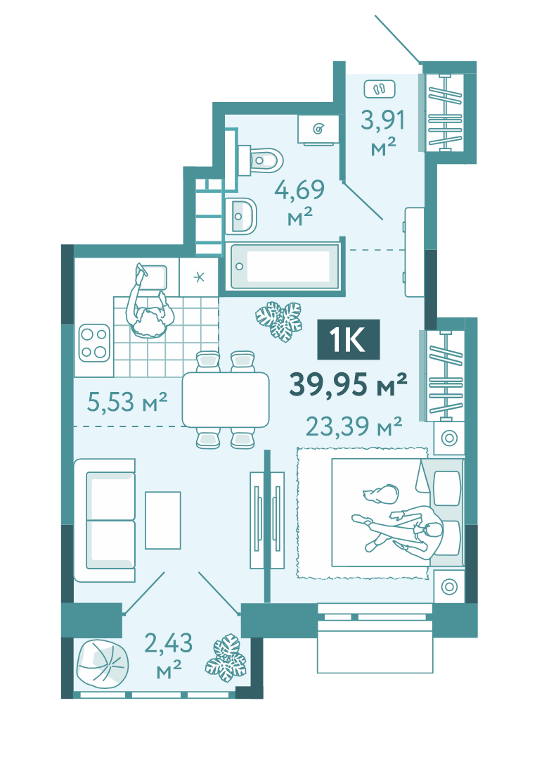 Планировка 1-комн. квартира, 40 м² — ЖК «Акватория»