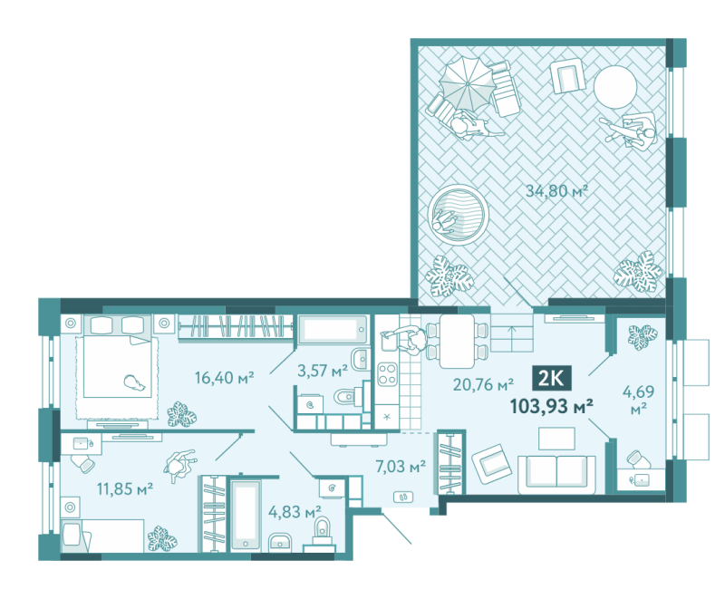 Планировка 2-комн. квартира, 103.9 м² — ЖК «Акватория»