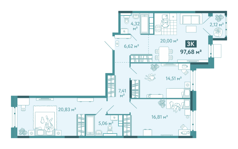 Планировка 3-комн. квартира, 97.7 м² — ЖК «Акватория»