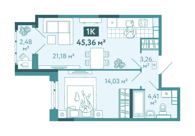 Планировка 1-комн. квартира, 45.4 м² — ЖК «Акватория»