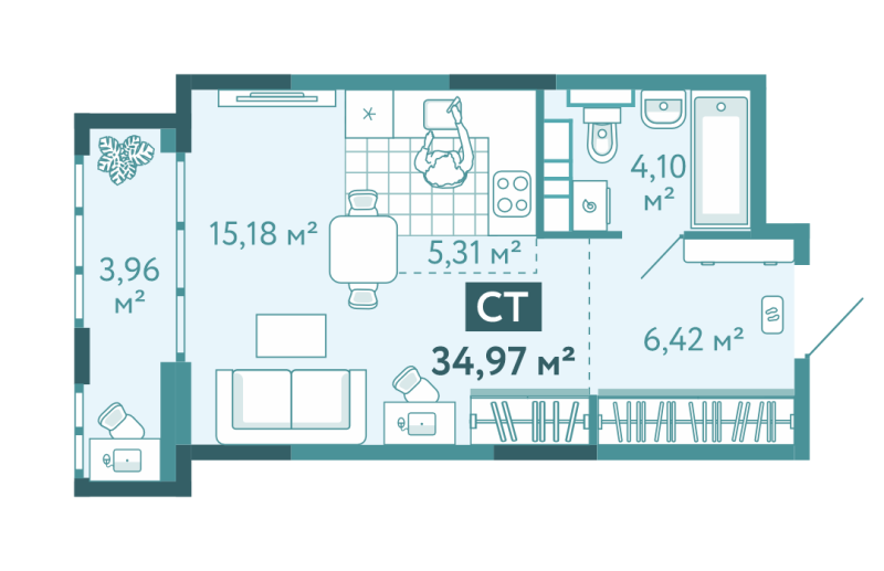 Планировка Студия, 35 м² — ЖК «Акватория»