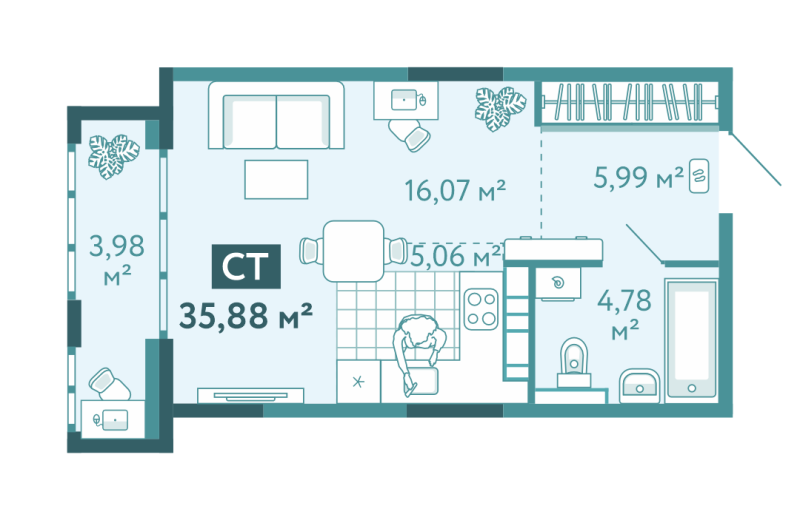 Планировка Студия, 35.9 м² — ЖК «Акватория»