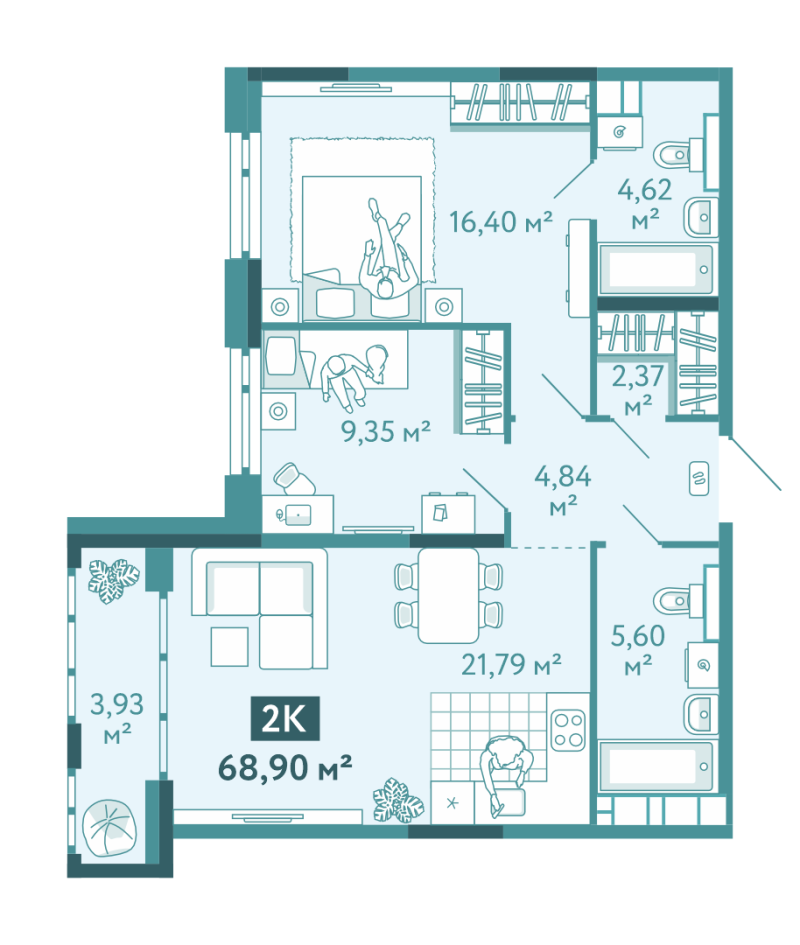 Планировка 2-комн. квартира, 68.9 м² — ЖК «Акватория»