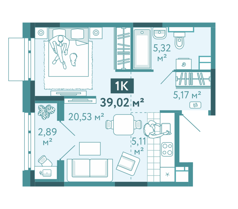 Планировка 1-комн. квартира, 39 м² — ЖК «Акватория»