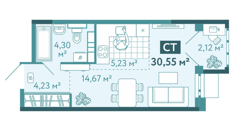 Планировка Студия, 30.6 м² — ЖК «Акватория»