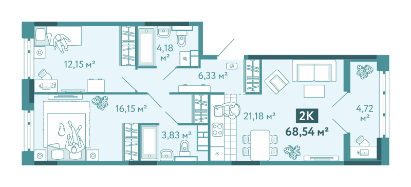 Планировка 2-комн. квартира, 68.5 м² — ЖК «Акватория»