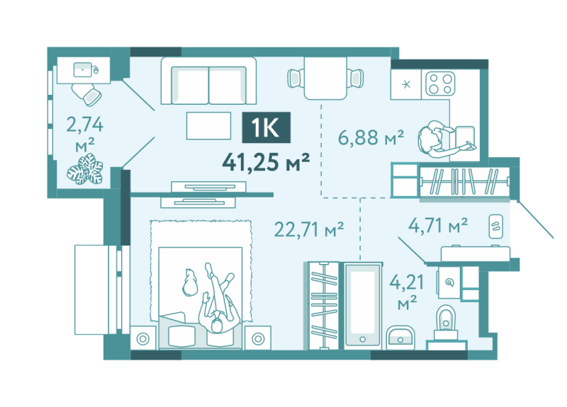 Планировка 1-комн. квартира, 41.2 м² — ЖК «Акватория»