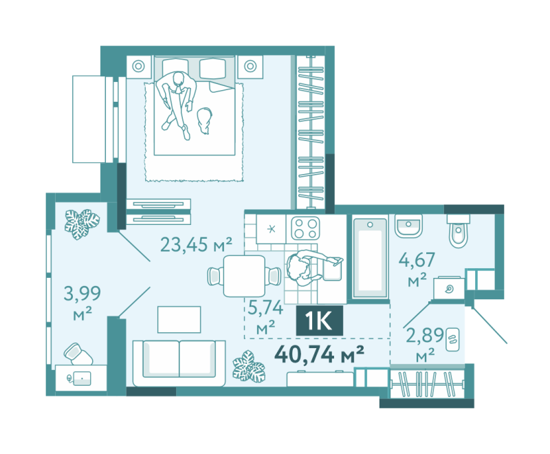 Планировка 1-комн. квартира, 40.7 м² — ЖК «Акватория»